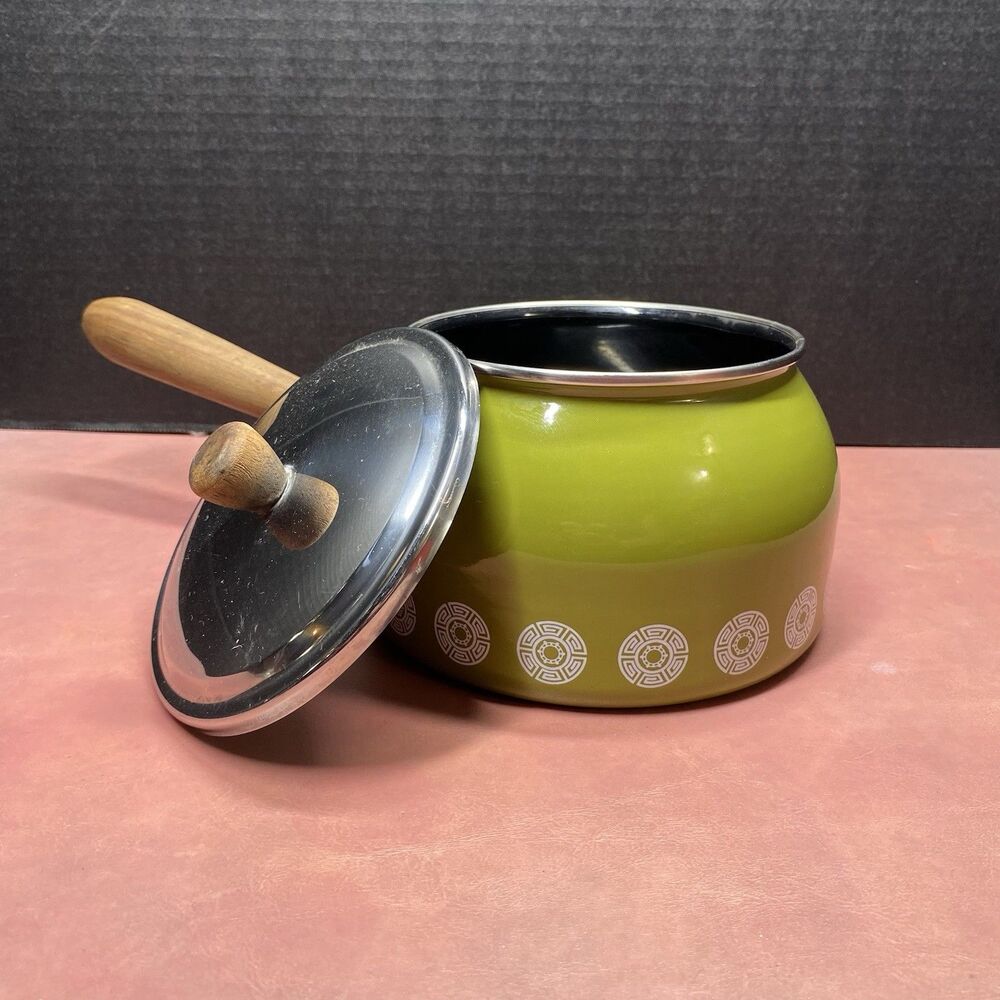 Vintage Mid Century Modern Enamel Saucepan Plate Fondue Pot Wood Handle Green - Picture 2 of 12